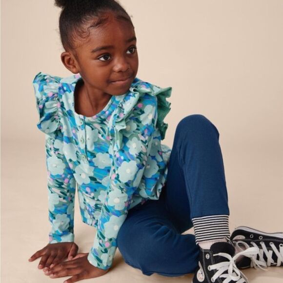 Tea collection ruffle shoulder Henley top monets garden nwt 14 coquette girl - Picture 2 of 8